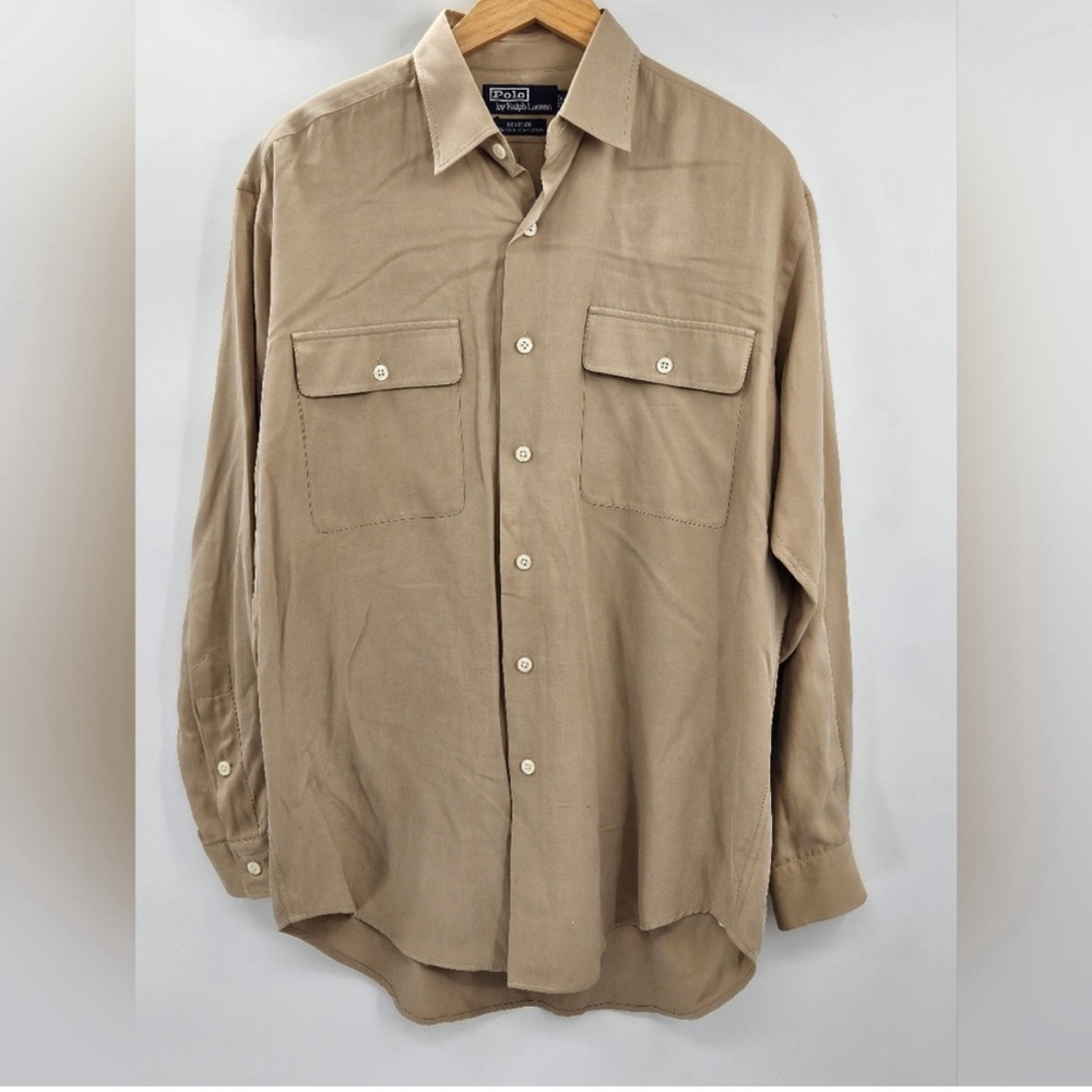 Polo by Ralph Lauren Men’s TAN Button Up Dress Shirt SILK Cotton Benford Sz S